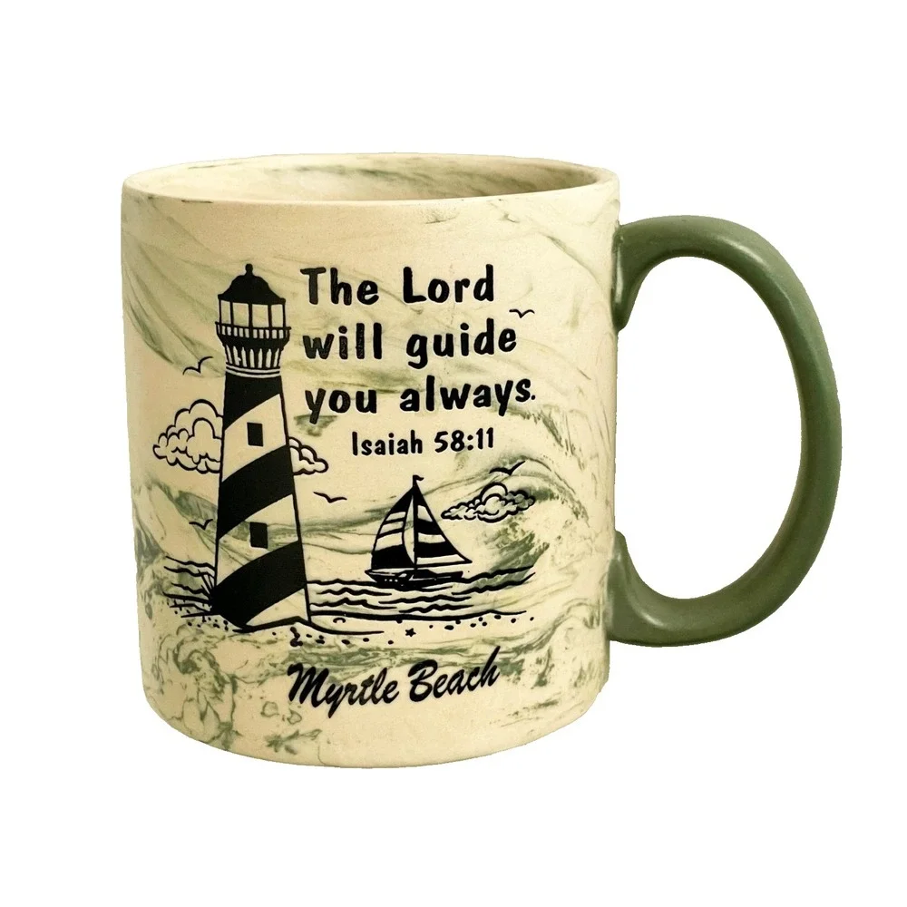 Myrtle Beach Lighthouse Mug Isiah 58:11 Tan Green Marble Vacation Tropical